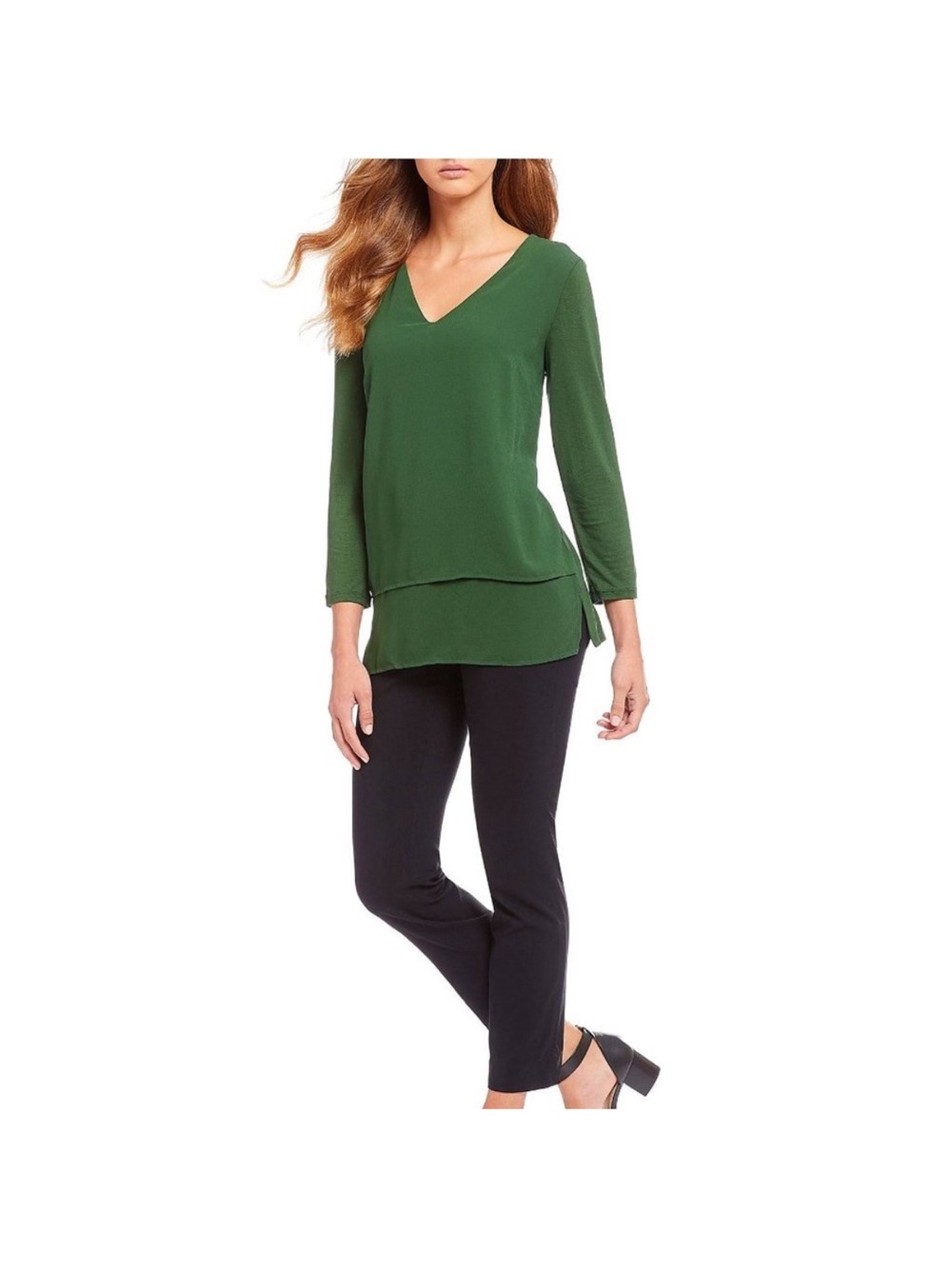 Michael Kors Emerald Green Layered V-Neck Tunic Layered Hem Blouse Top Large - Picture 2 of 7